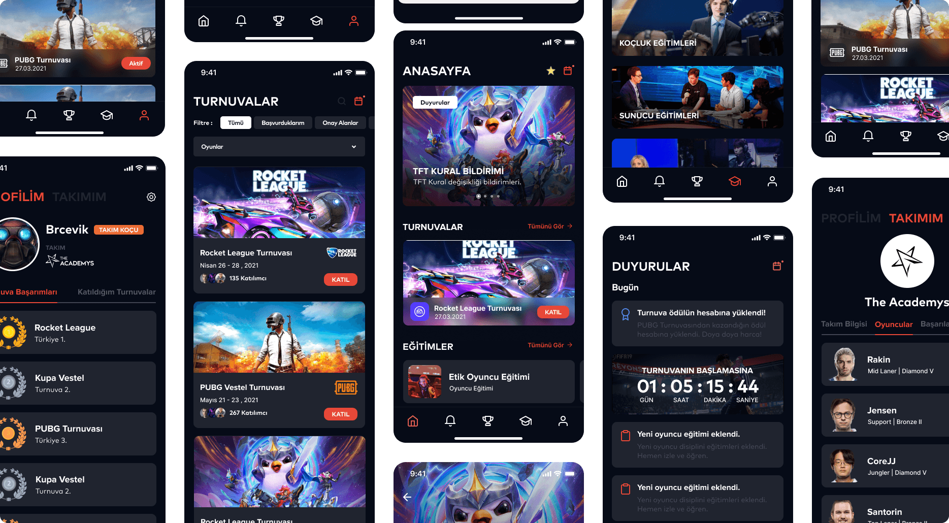 Gameness — esports super app interface screens