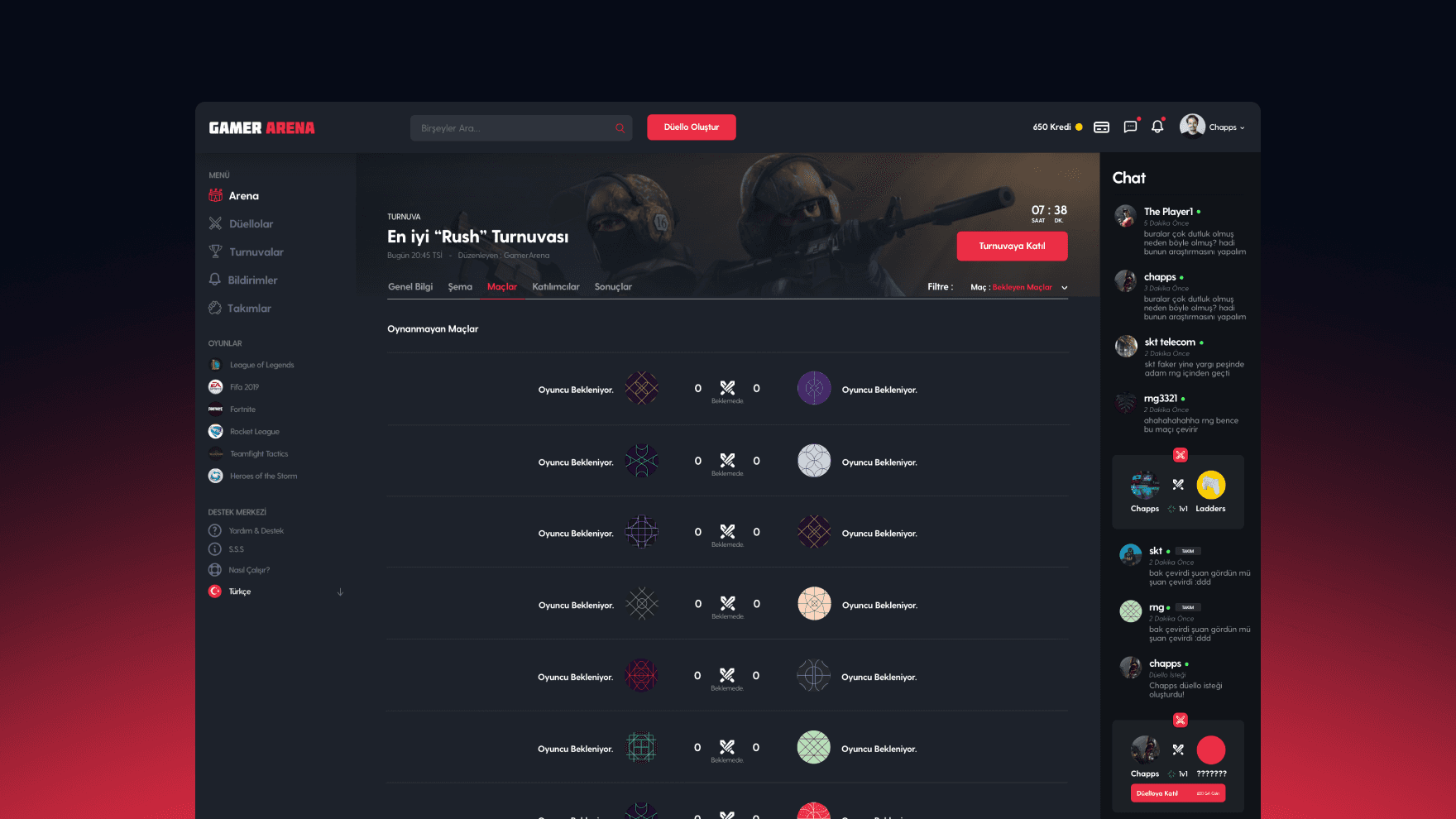 Gamer Arena tournament screens