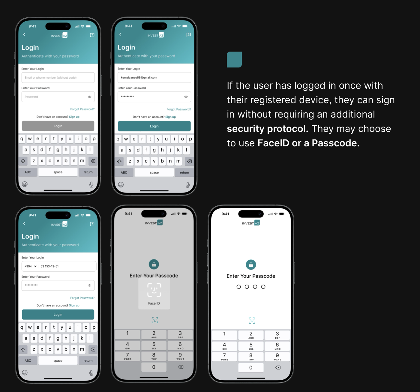 Secure login with Face ID and passcode screens