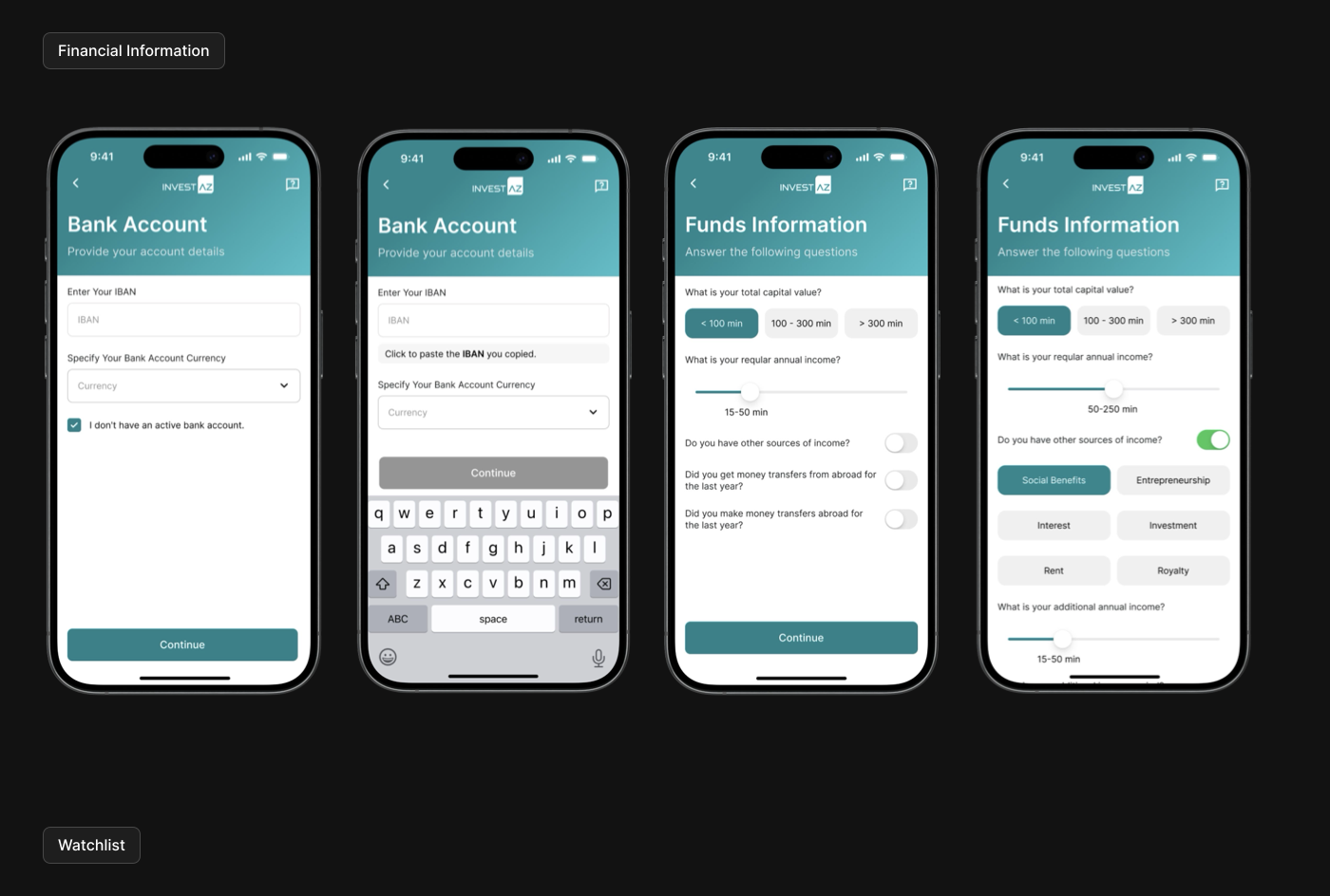 Financial information — bank account and funds screens