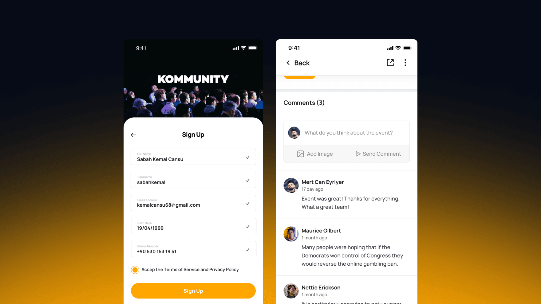 Event detail, attendees and comments