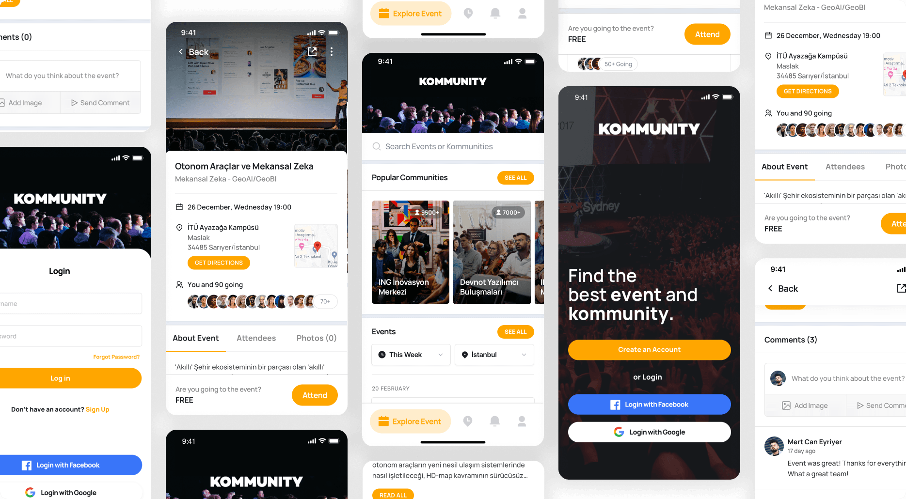 Kommunity — event and community platform app screens