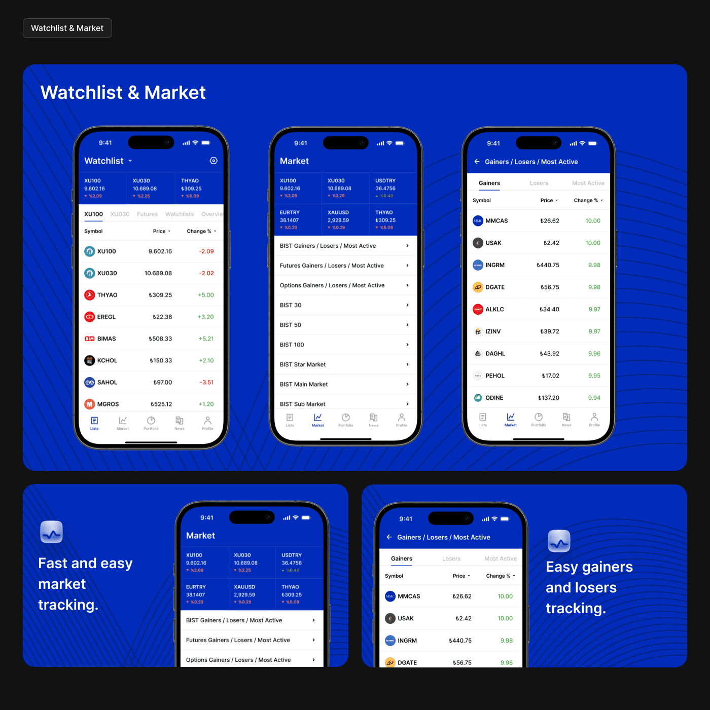 Watchlist and market screens with gainers and losers